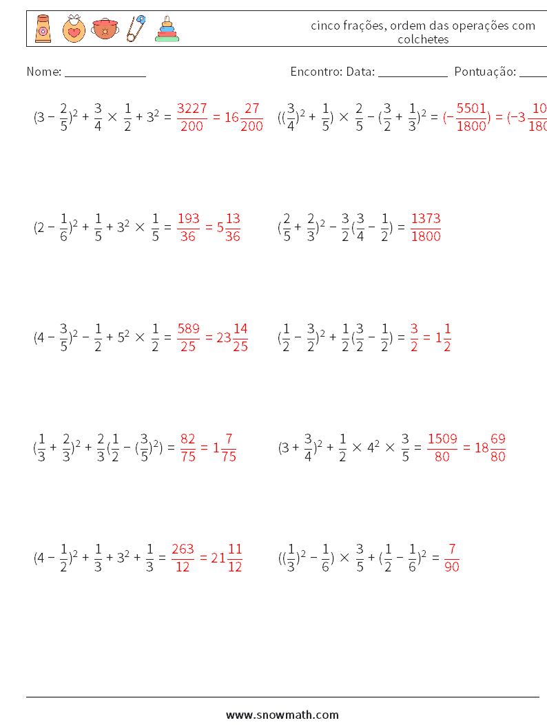 (10) cinco frações, ordem das operações com colchetes planilhas matemáticas 16 Pergunta, Resposta