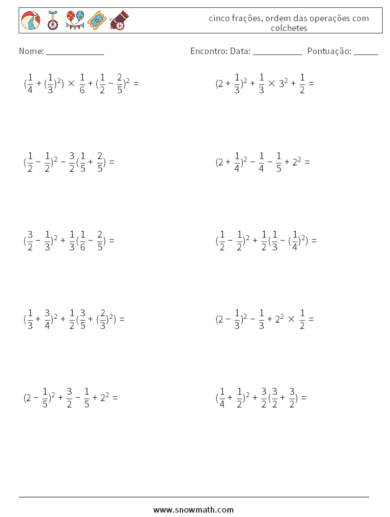 (10) cinco frações, ordem das operações com colchetes planilhas matemáticas 17