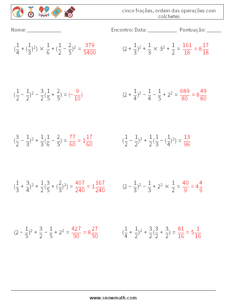 (10) cinco frações, ordem das operações com colchetes planilhas matemáticas 17 Pergunta, Resposta