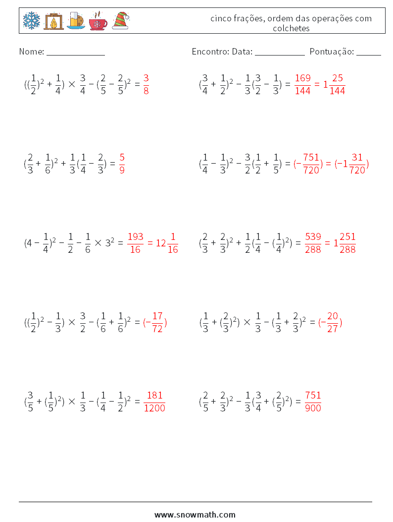 (10) cinco frações, ordem das operações com colchetes planilhas matemáticas 18 Pergunta, Resposta