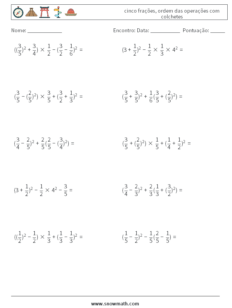 (10) cinco frações, ordem das operações com colchetes planilhas matemáticas 2