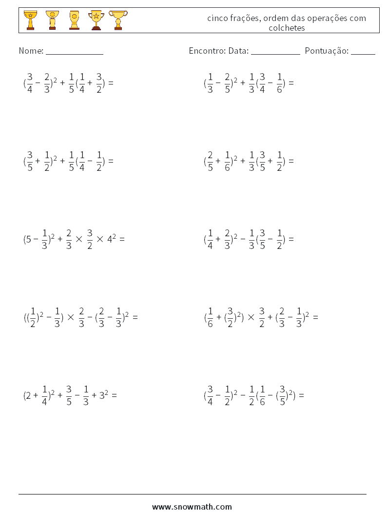 (10) cinco frações, ordem das operações com colchetes planilhas matemáticas 3