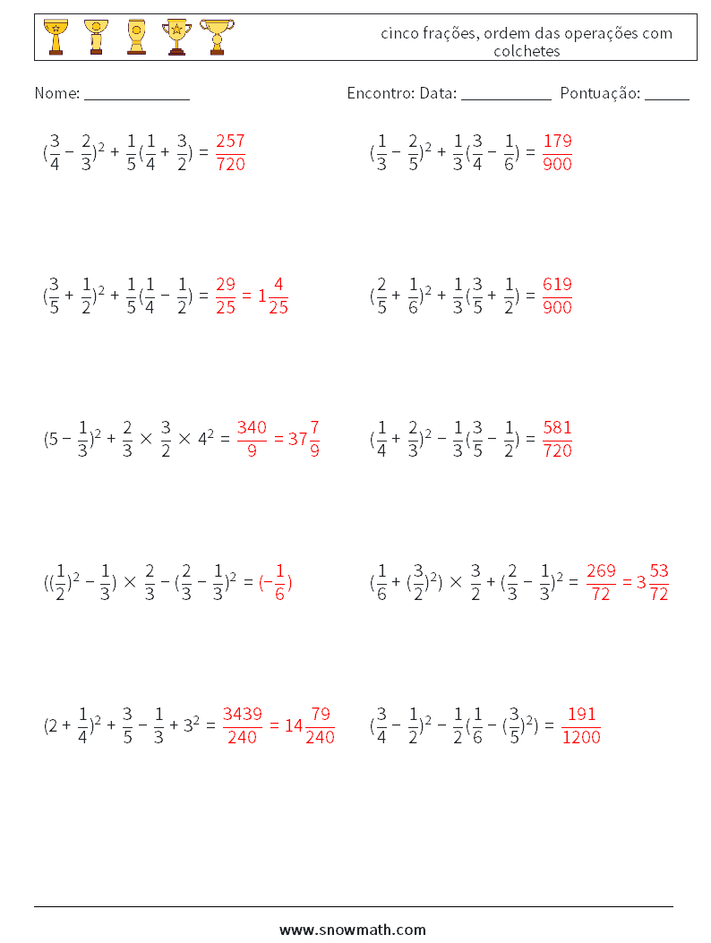 (10) cinco frações, ordem das operações com colchetes planilhas matemáticas 3 Pergunta, Resposta