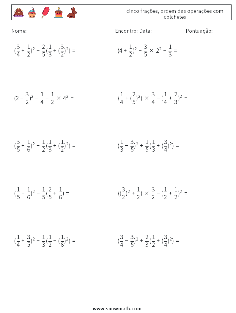 (10) cinco frações, ordem das operações com colchetes planilhas matemáticas 4