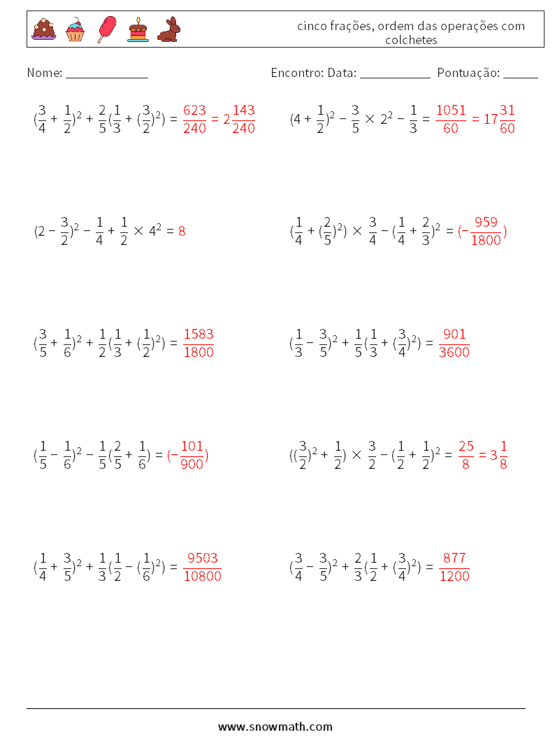 (10) cinco frações, ordem das operações com colchetes planilhas matemáticas 4 Pergunta, Resposta