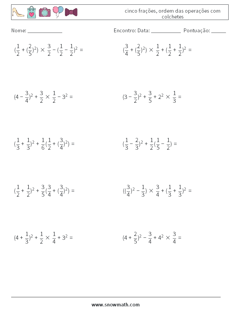 (10) cinco frações, ordem das operações com colchetes planilhas matemáticas 5