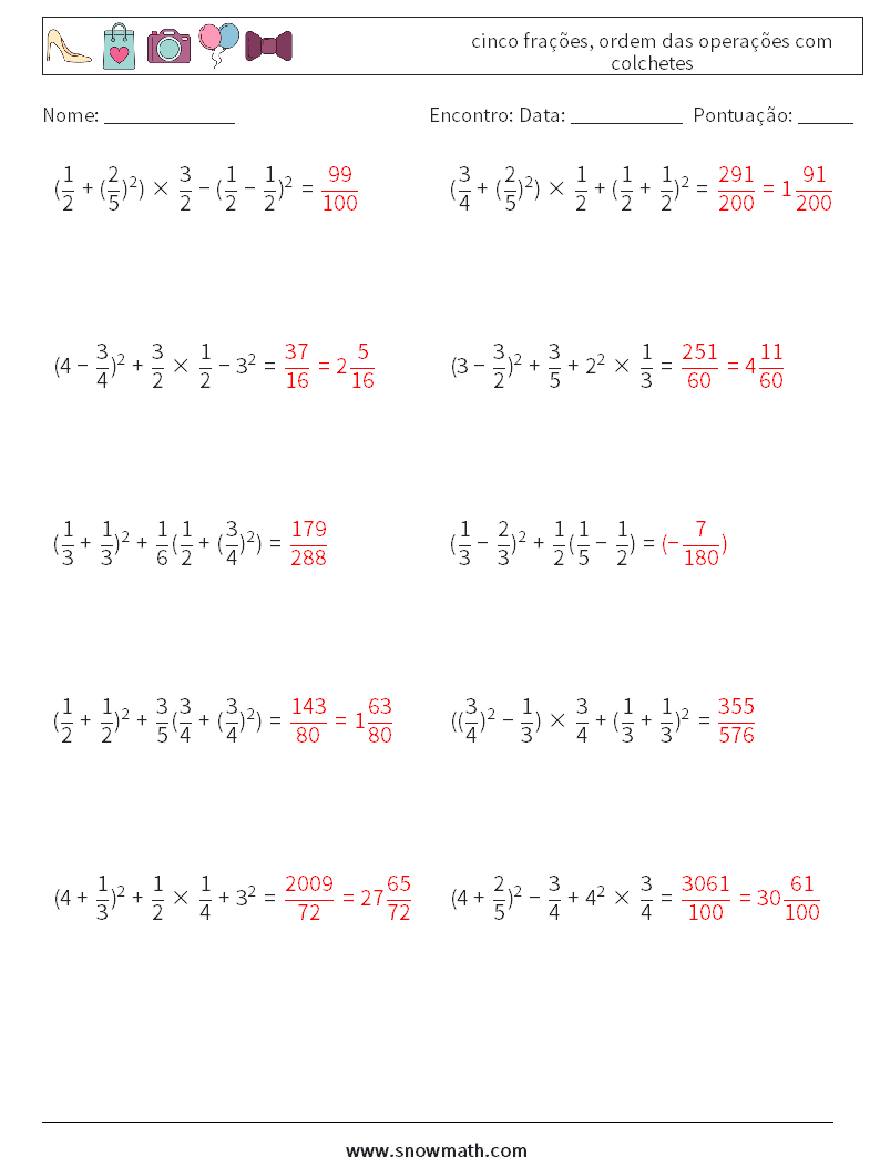(10) cinco frações, ordem das operações com colchetes planilhas matemáticas 5 Pergunta, Resposta