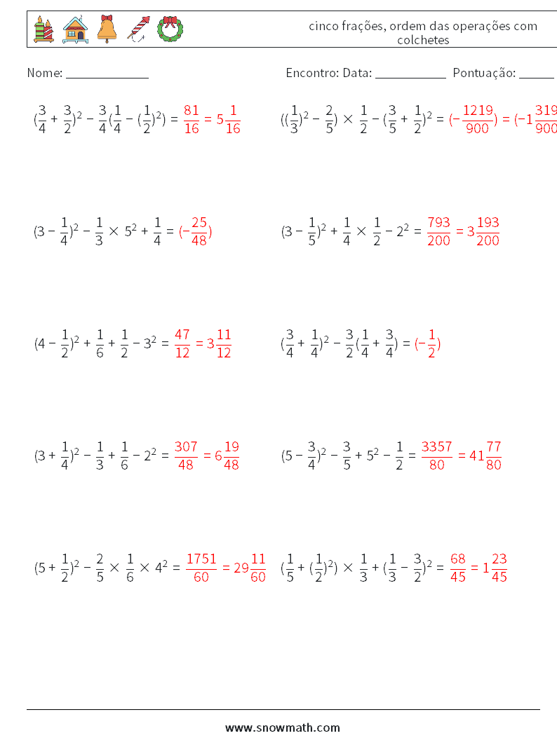 (10) cinco frações, ordem das operações com colchetes planilhas matemáticas 6 Pergunta, Resposta