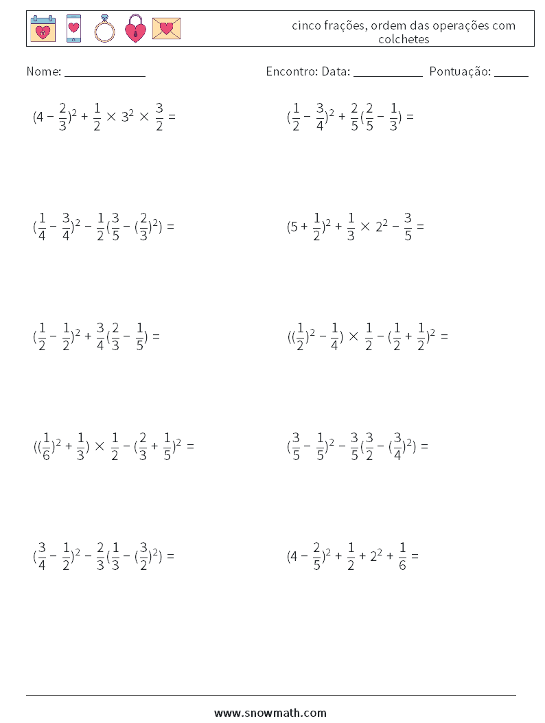 (10) cinco frações, ordem das operações com colchetes planilhas matemáticas 7
