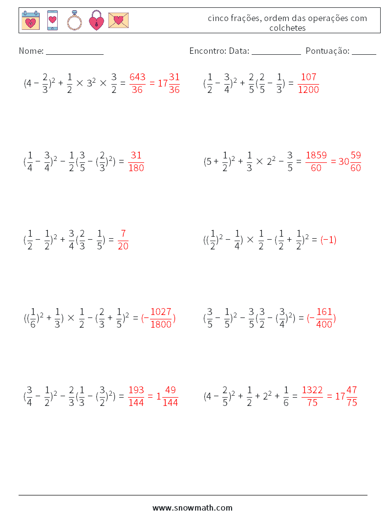 (10) cinco frações, ordem das operações com colchetes planilhas matemáticas 7 Pergunta, Resposta