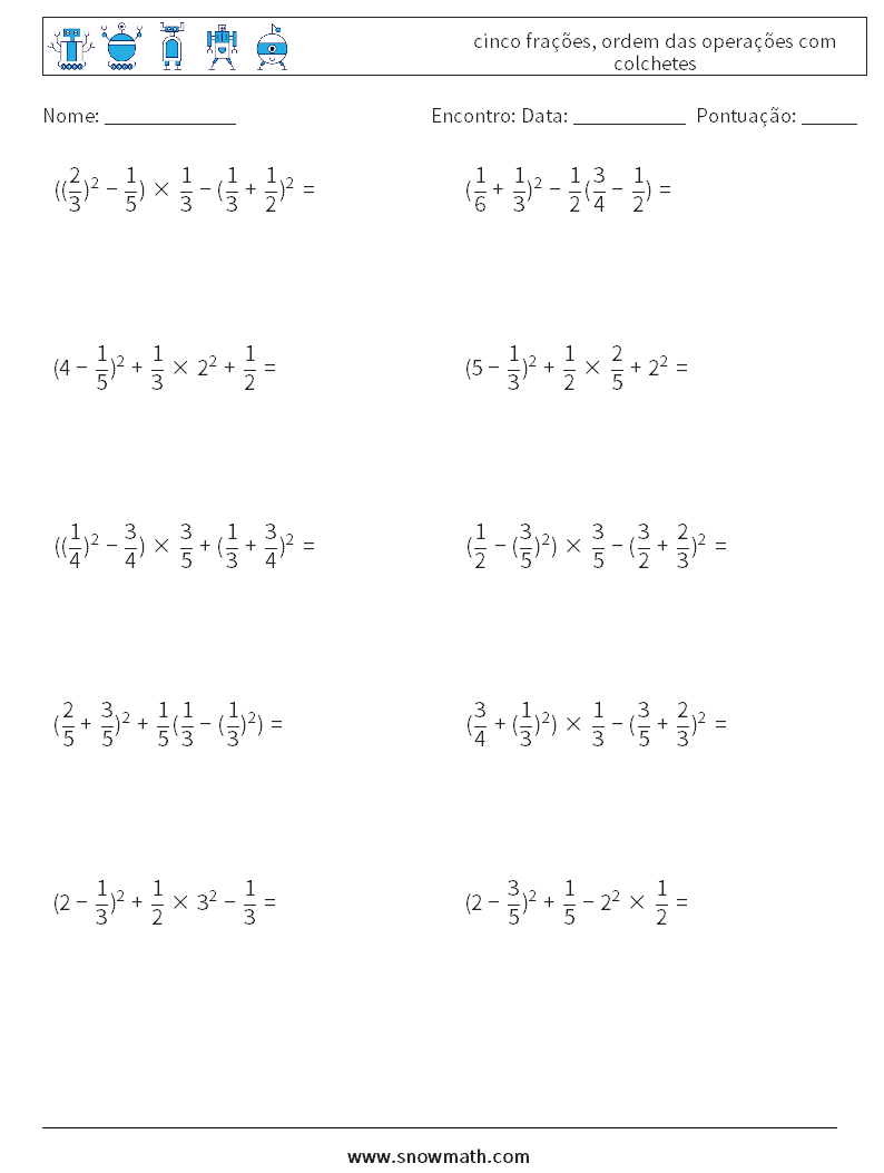 (10) cinco frações, ordem das operações com colchetes planilhas matemáticas 8