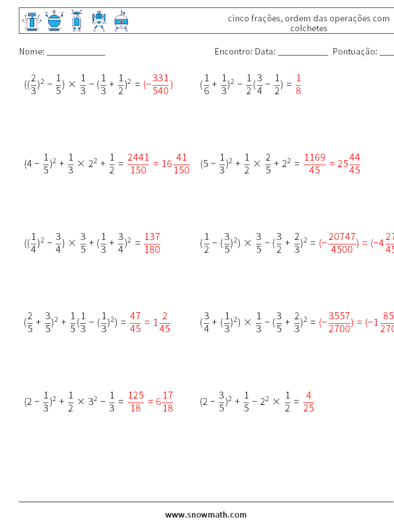 (10) cinco frações, ordem das operações com colchetes planilhas matemáticas 8 Pergunta, Resposta