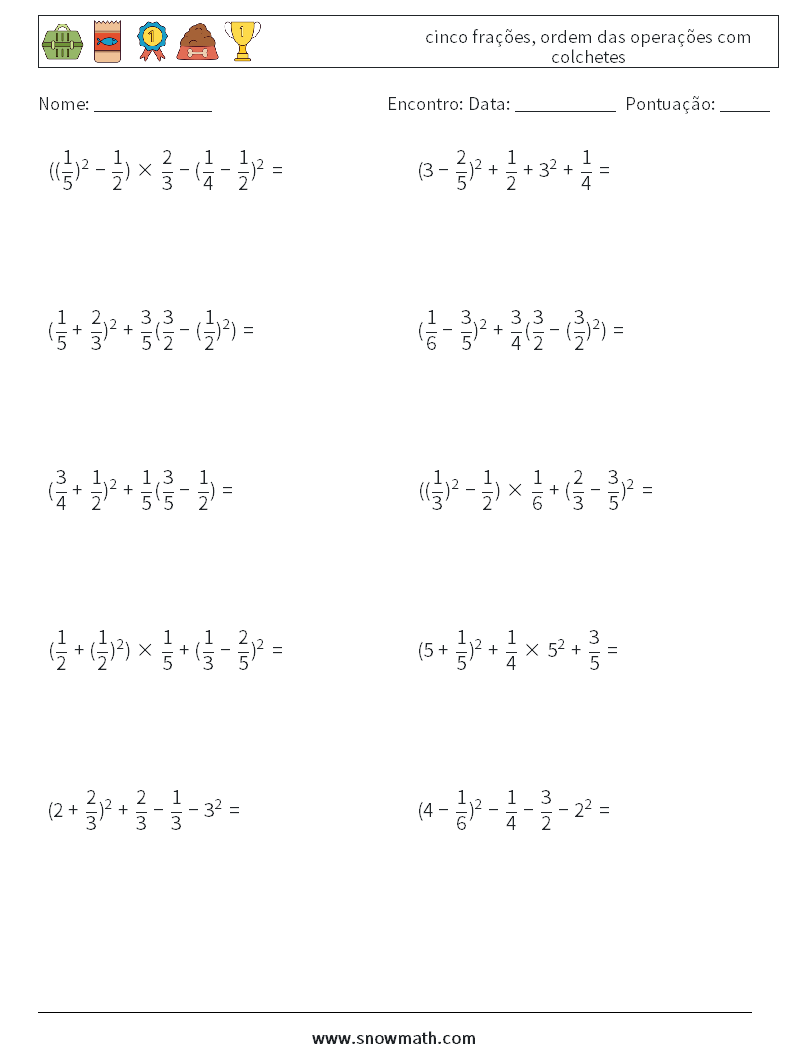 (10) cinco frações, ordem das operações com colchetes planilhas matemáticas 9