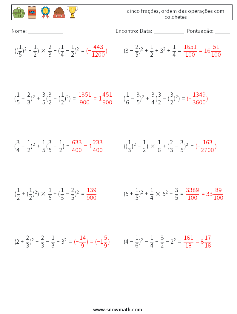 (10) cinco frações, ordem das operações com colchetes planilhas matemáticas 9 Pergunta, Resposta