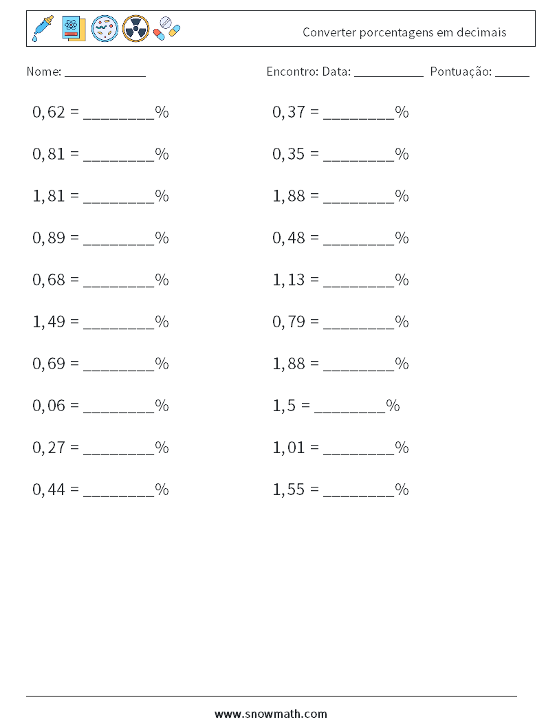 Converter porcentagens em decimais planilhas matemáticas 1