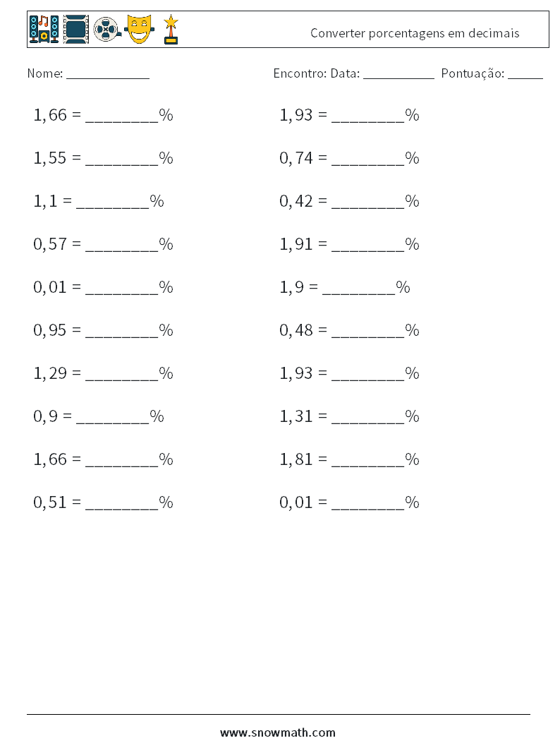 Converter porcentagens em decimais planilhas matemáticas 2