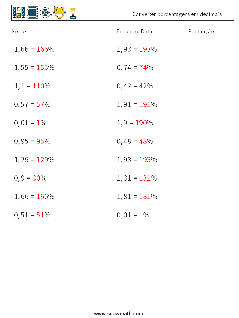 converter porcentagens em decimais planilhas matemáticas 2Planilhas de