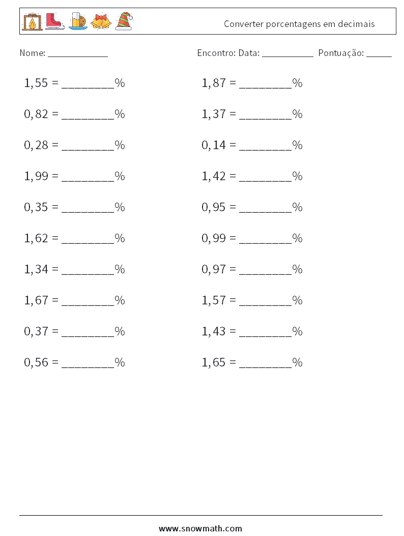 Converter porcentagens em decimais planilhas matemáticas 3