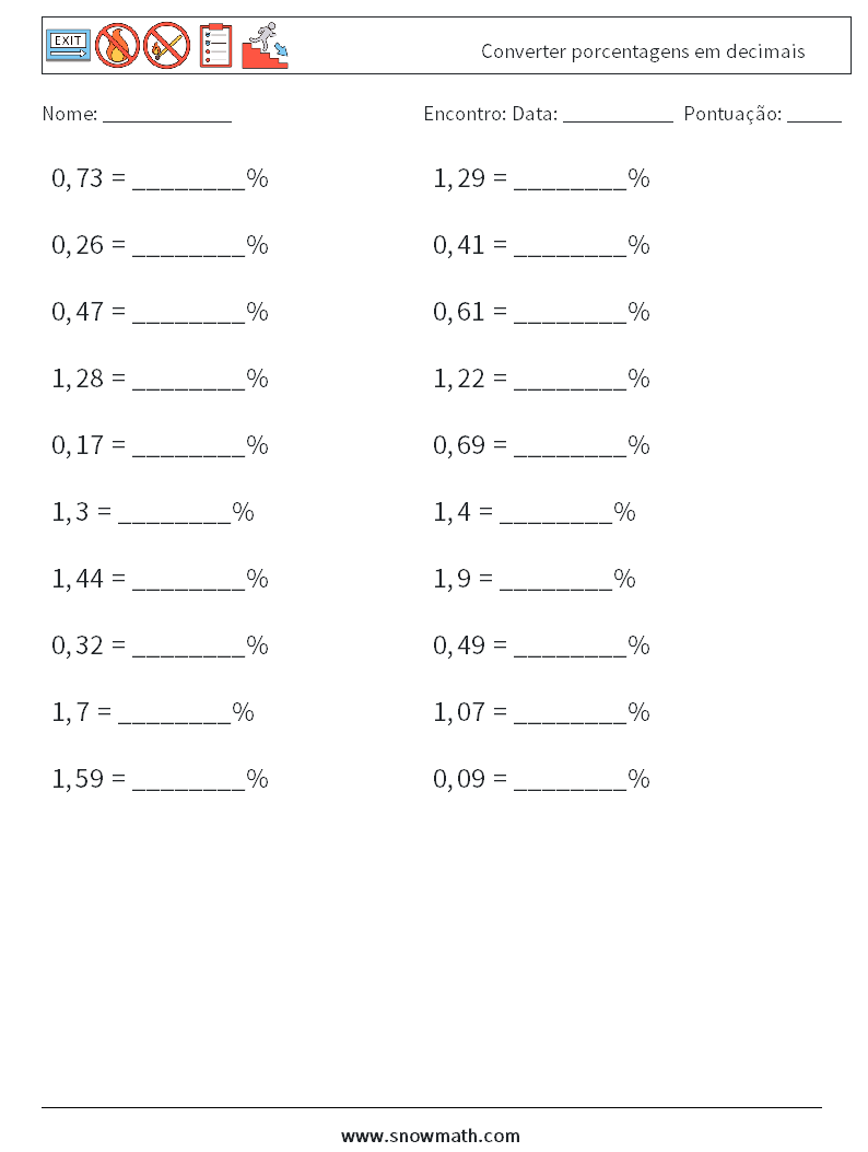 Converter porcentagens em decimais planilhas matemáticas 4