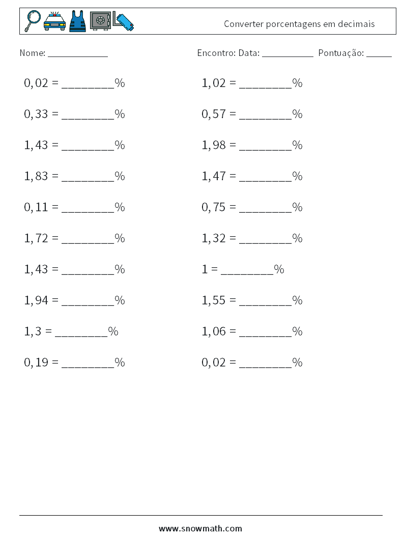 Converter porcentagens em decimais planilhas matemáticas 7