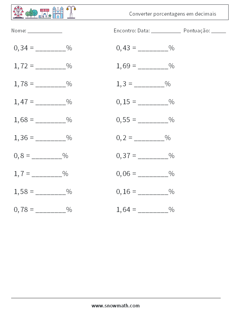 Converter porcentagens em decimais planilhas matemáticas 8