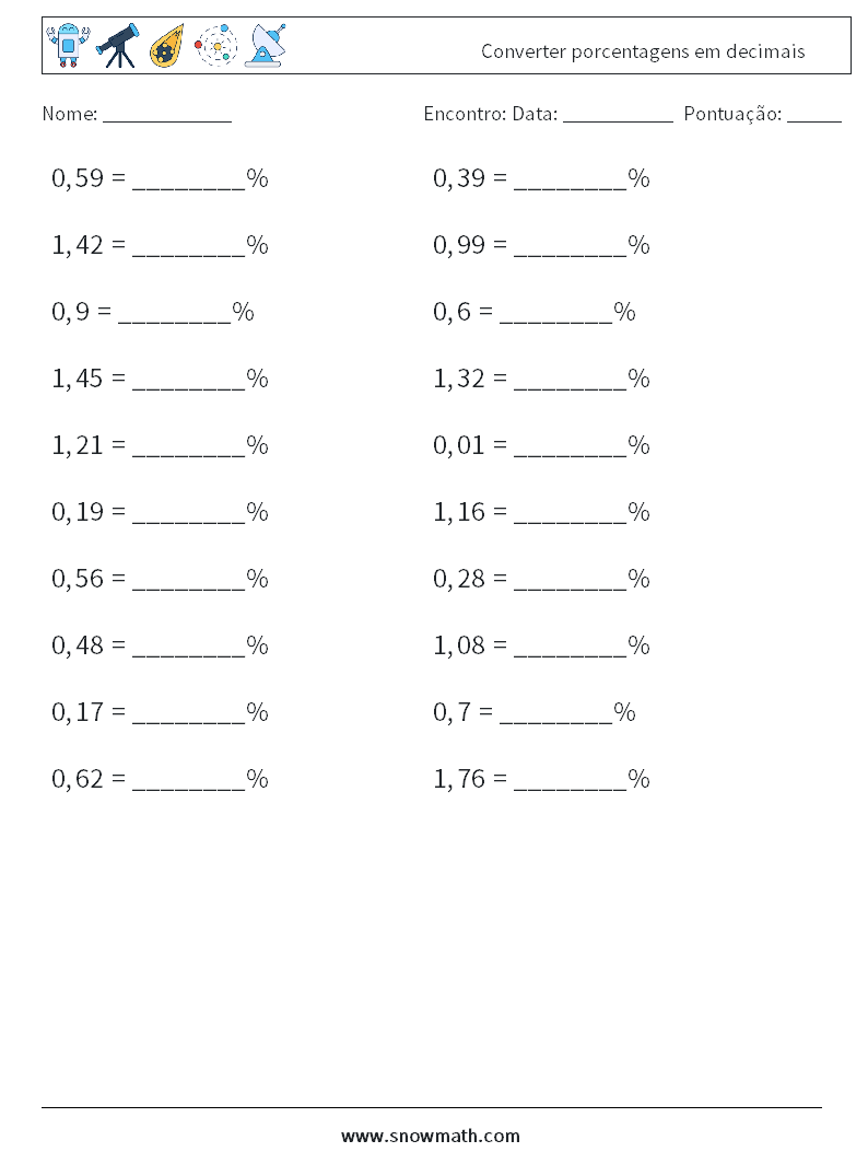 Converter porcentagens em decimais planilhas matemáticas 9