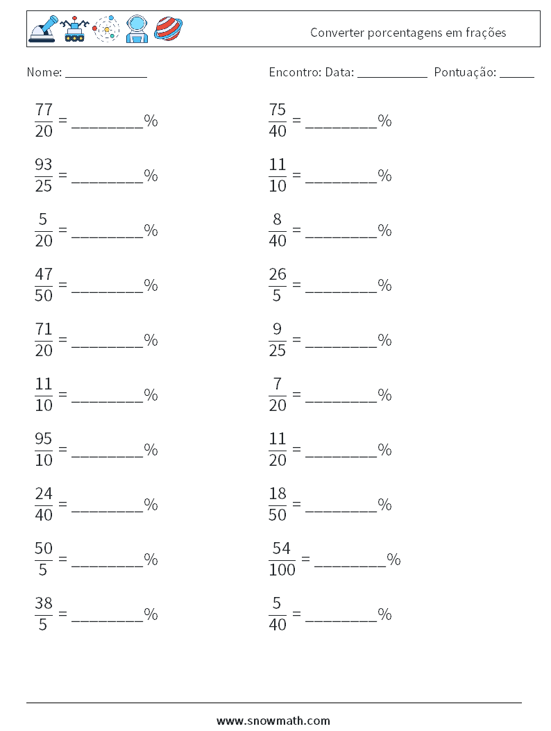 Converter porcentagens em frações planilhas matemáticas 1