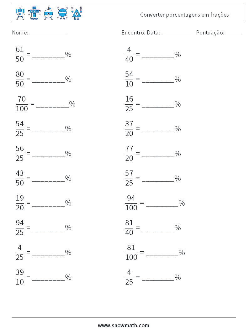 Converter porcentagens em frações planilhas matemáticas 7