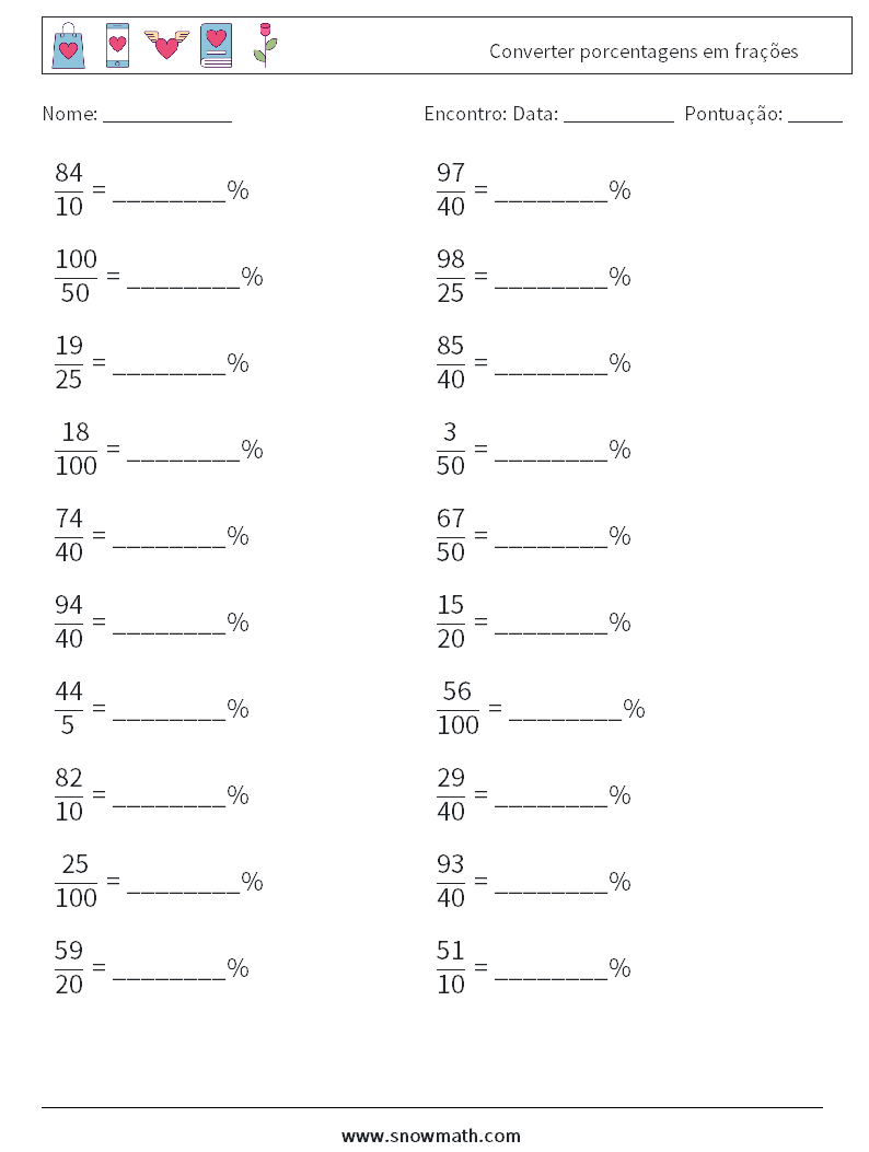 Converter porcentagens em frações planilhas matemáticas 8