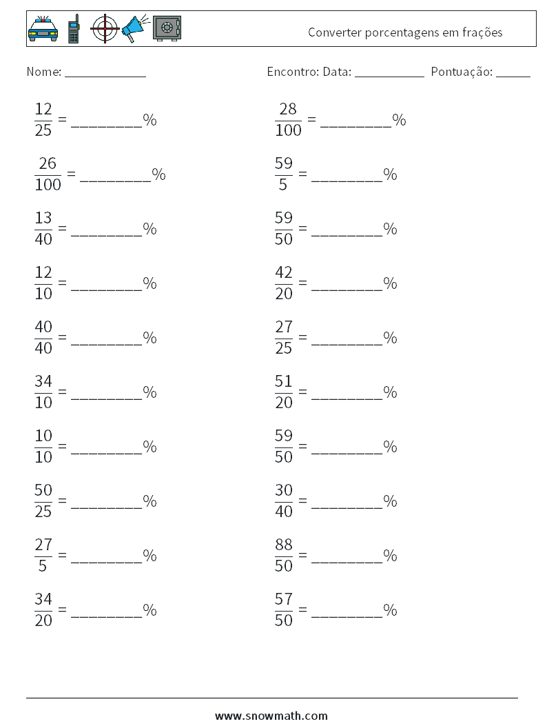 Converter porcentagens em frações planilhas matemáticas 9