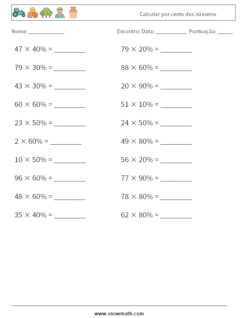 Calcular por cento dos números planilhas matemáticas 1