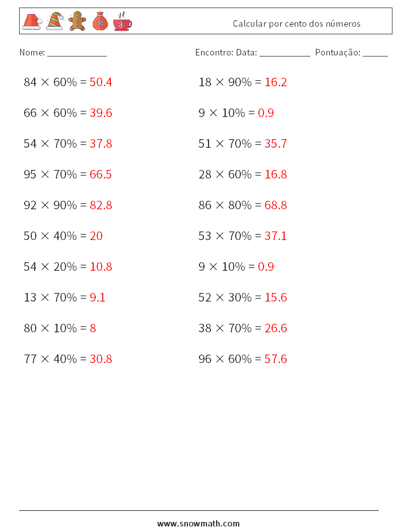 Calcular por cento dos números planilhas matemáticas 2 Pergunta, Resposta