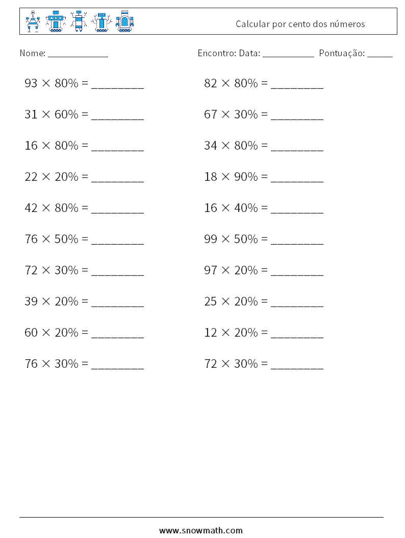 Calcular por cento dos números planilhas matemáticas 4