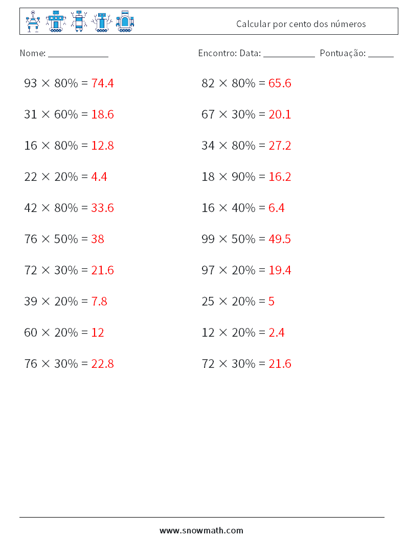 Calcular por cento dos números planilhas matemáticas 4 Pergunta, Resposta