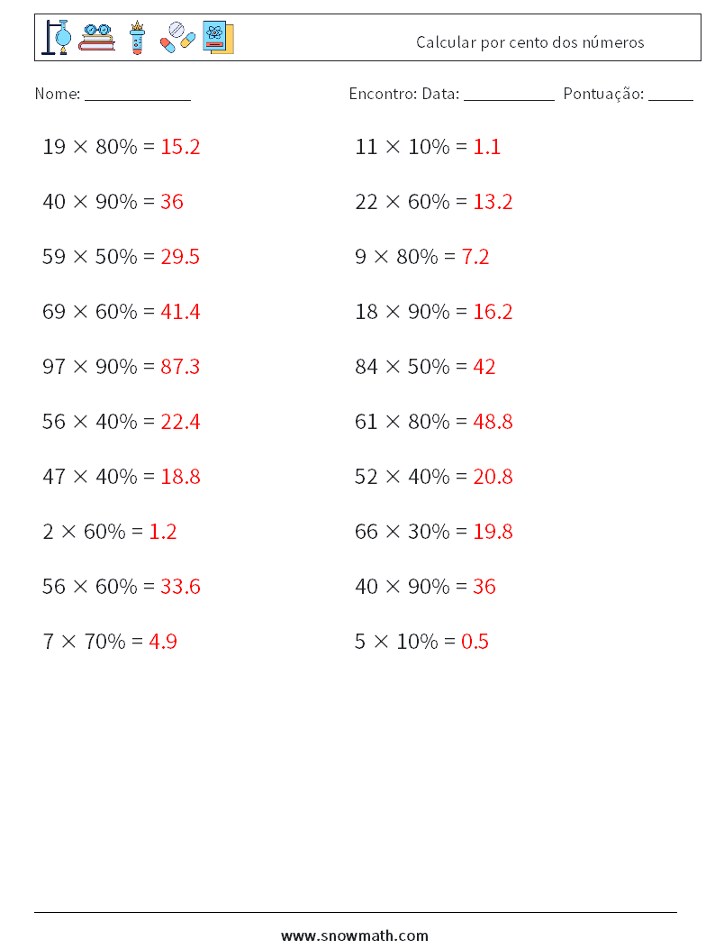 Calcular por cento dos números planilhas matemáticas 5 Pergunta, Resposta