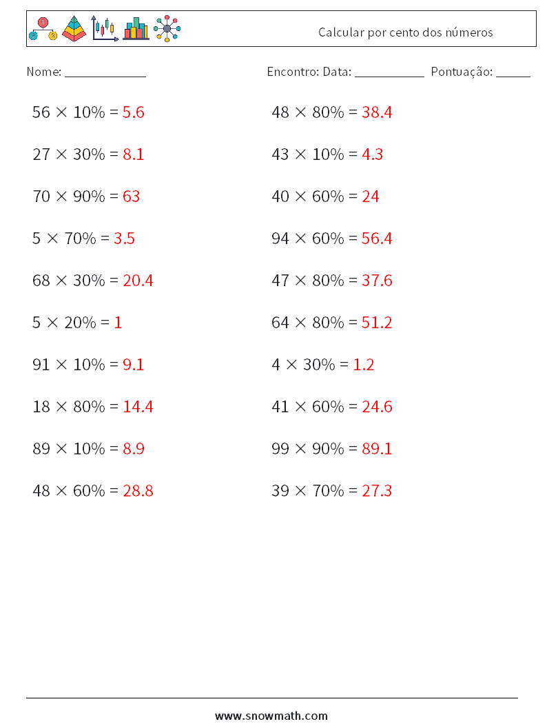 Calcular por cento dos números planilhas matemáticas 6 Pergunta, Resposta