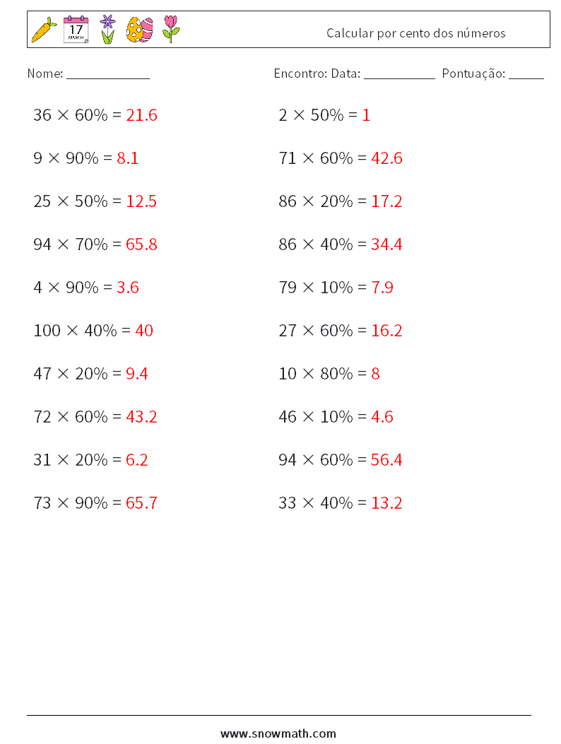 Calcular por cento dos números planilhas matemáticas 7 Pergunta, Resposta