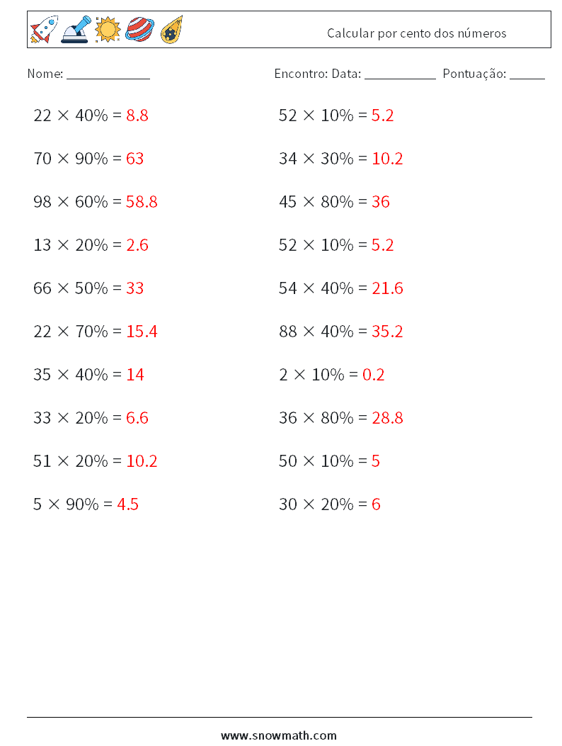 Calcular por cento dos números planilhas matemáticas 8 Pergunta, Resposta