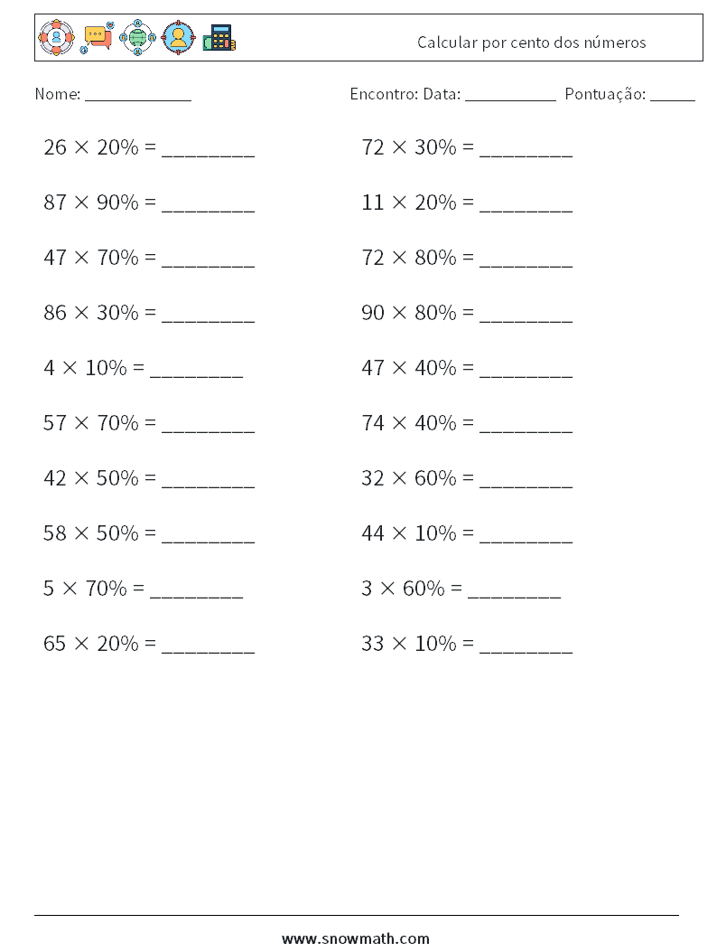 Calcular por cento dos números planilhas matemáticas 9