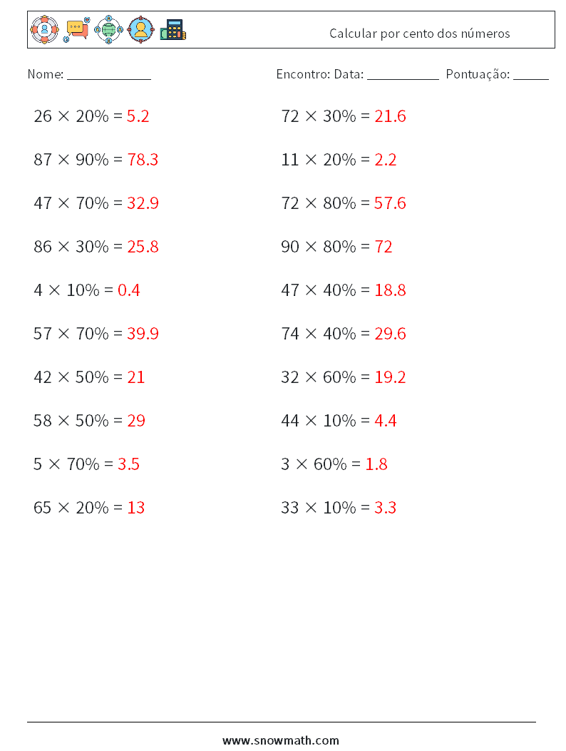 Calcular por cento dos números planilhas matemáticas 9 Pergunta, Resposta