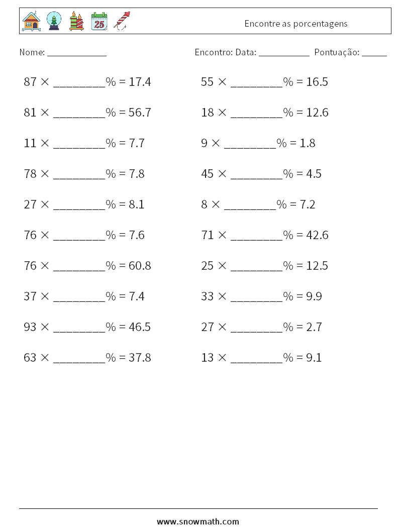 Encontre as porcentagens planilhas matemáticas 1