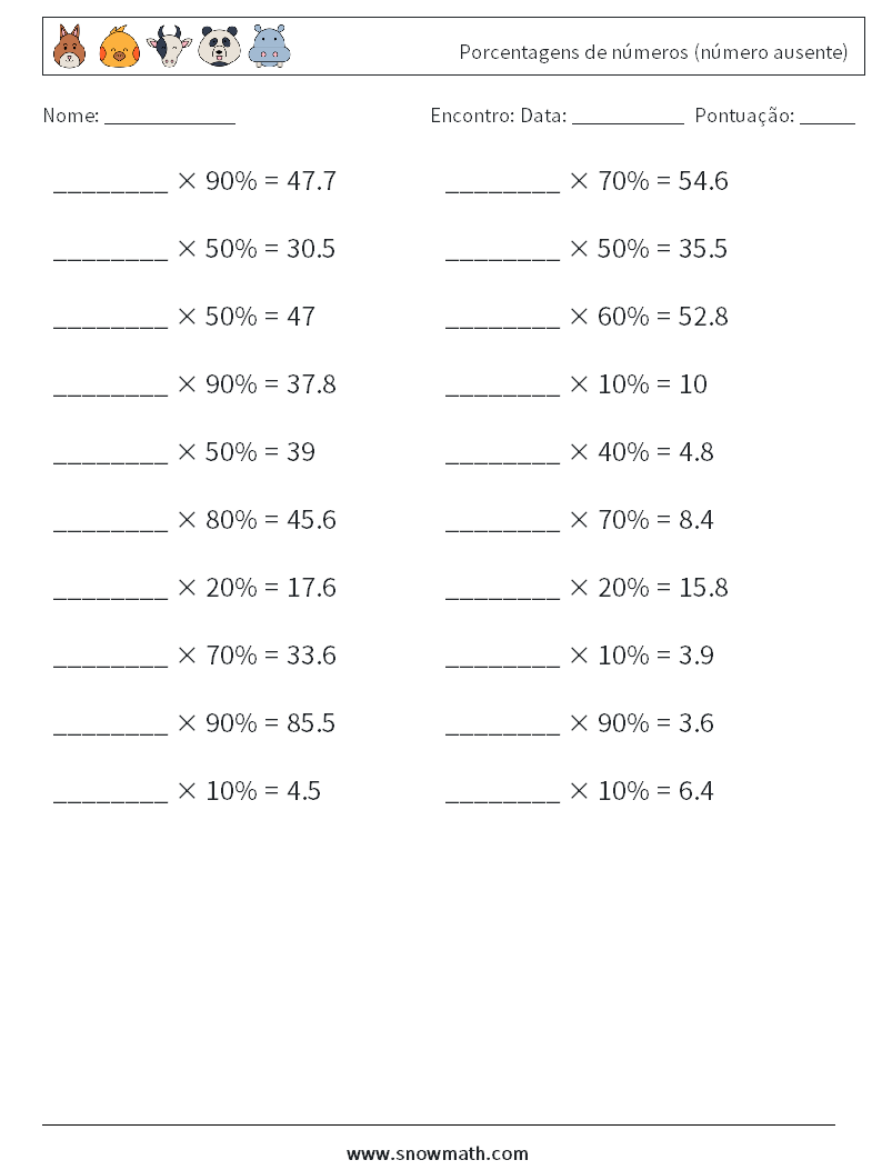 Porcentagens de números (número ausente) planilhas matemáticas 2