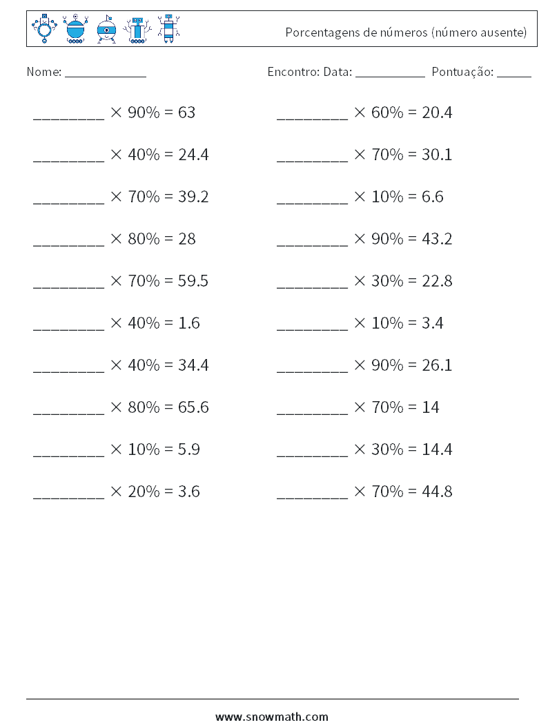 Porcentagens de números (número ausente) planilhas matemáticas 4