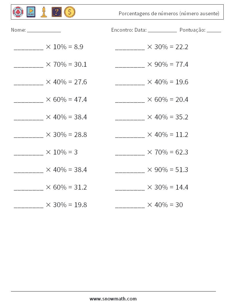Porcentagens de números (número ausente) planilhas matemáticas 5