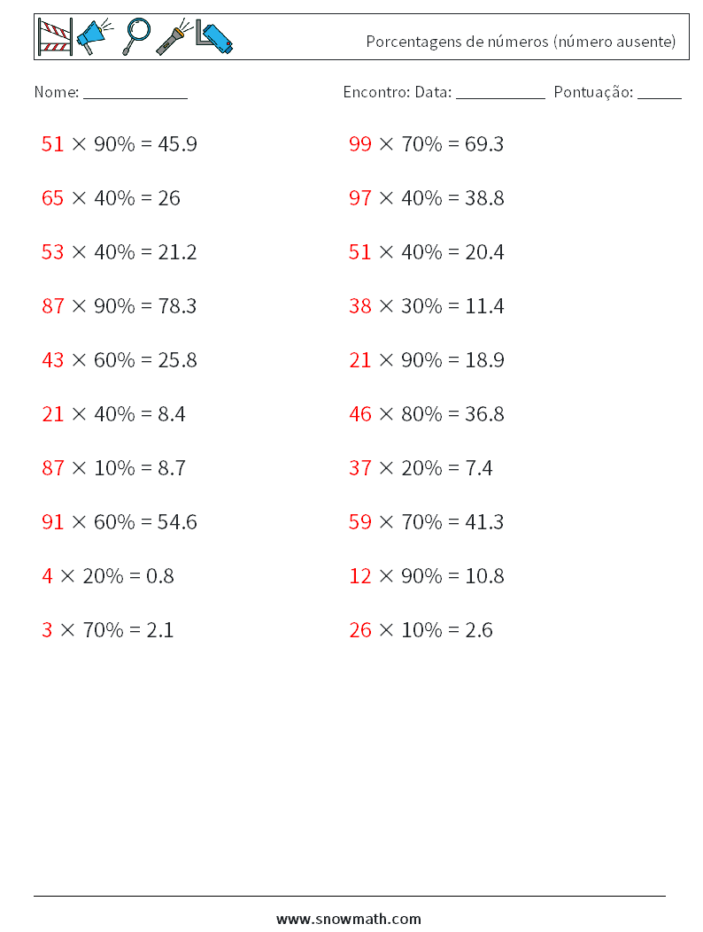 Porcentagens de números (número ausente) planilhas matemáticas 6 Pergunta, Resposta