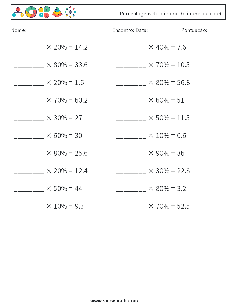 Porcentagens de números (número ausente) planilhas matemáticas 7