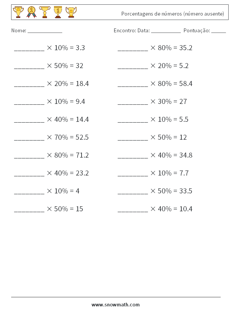 Porcentagens de números (número ausente) planilhas matemáticas 8