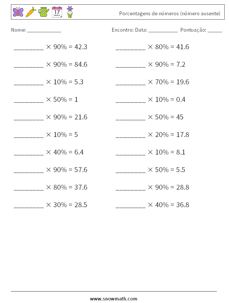 Porcentagens de números (número ausente) planilhas matemáticas 9
