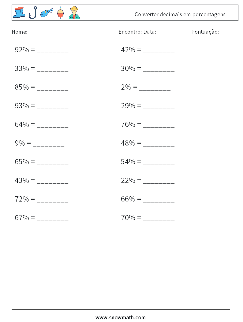 Converter decimais em porcentagens planilhas matemáticas 1