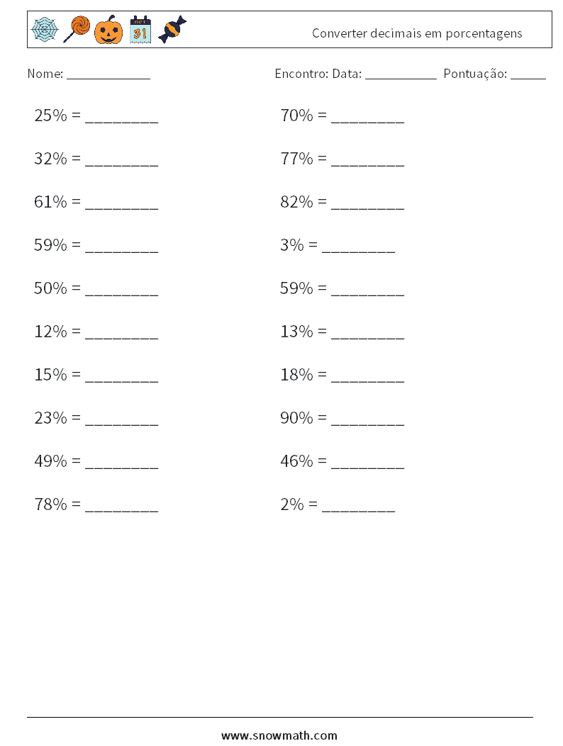 Converter decimais em porcentagens planilhas matemáticas 8